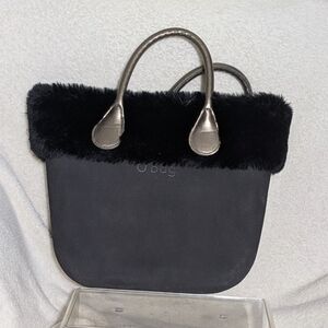 O Bag Mini Women's Black Bag‎ Pewter Handles Removable Faux Fur Trim Statement